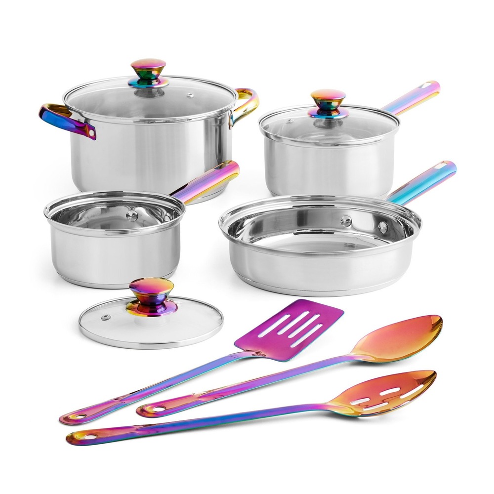 Mainstays 10-Piece Cookware Set Iridescent Stainless Steel NEW Rainbow Handles